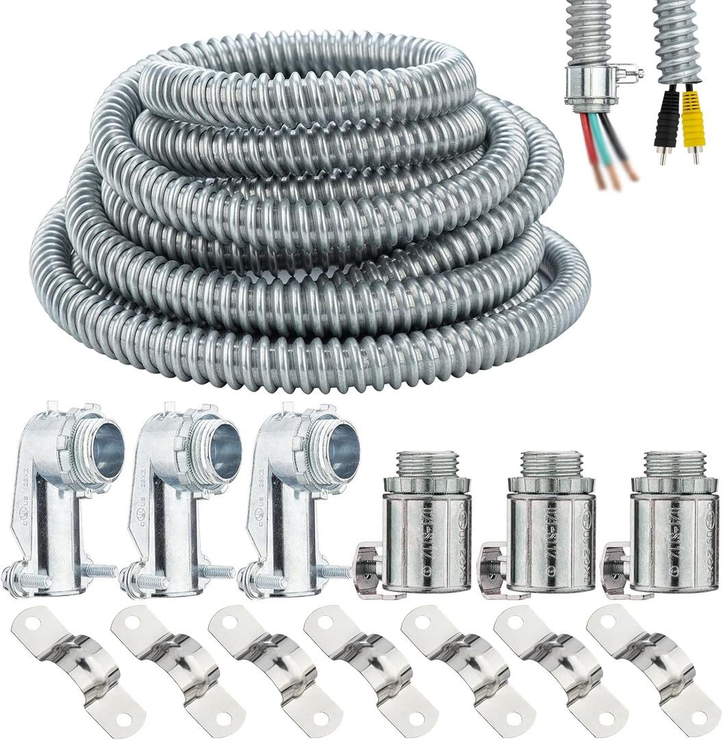 (1/2" Dia * 25 Feet) Yariwiz Flexible Steel Electrical Conduit Liquid Tight Steel Conduit Kit with 3 PCS Coupling, 3 PCS Elbow and 7 PCS Strap, Flex Liquidtight S-LCCK-0.5-25FT-KIT