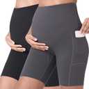 POSHDIVAH Women's Maternity Yoga Shorts Over The Belly Bump Summer Workout Running Active Short Pants with Pockets 8" (Large, Black + Grey)