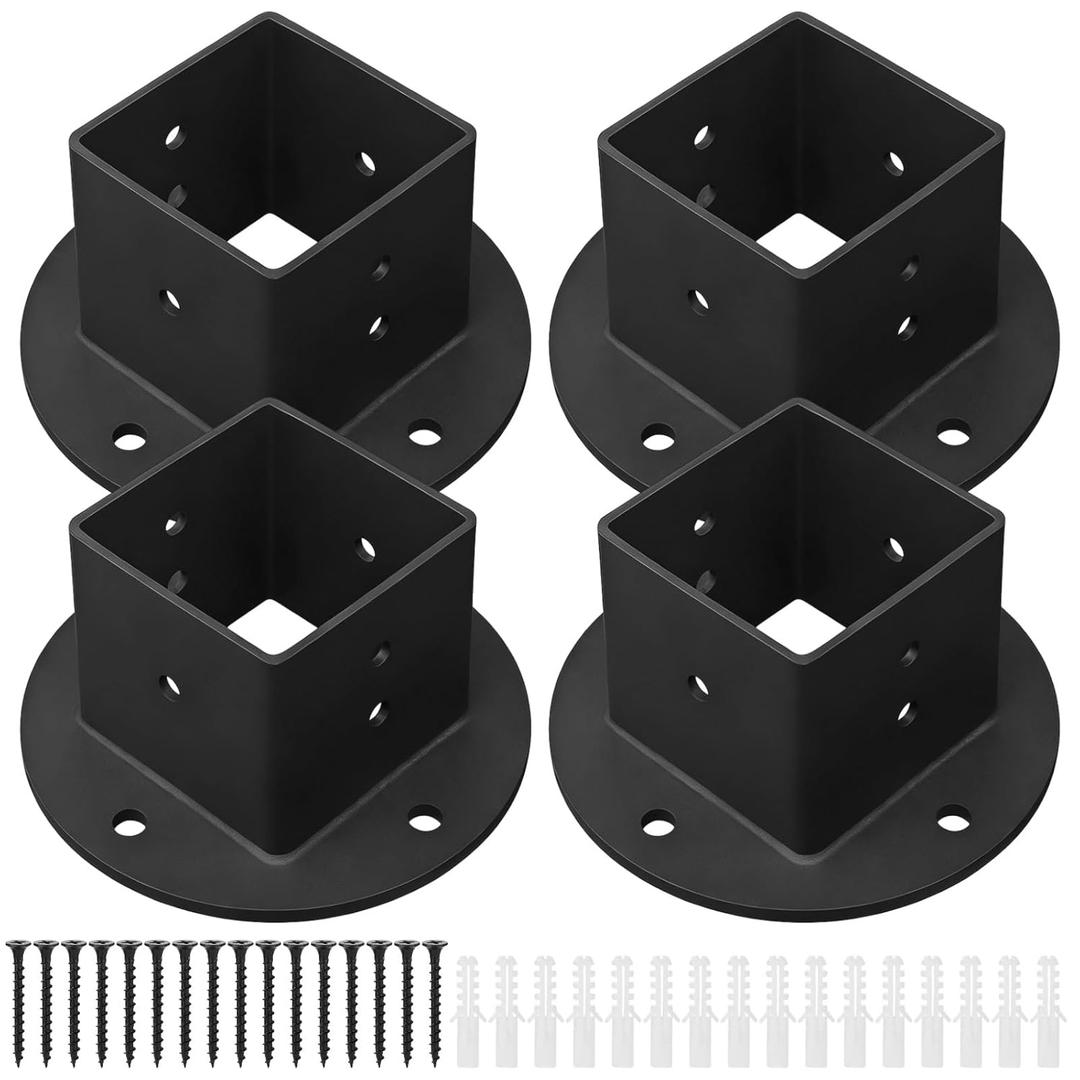 4 Pcs Deck Fence Rail Floor Mount Brackets, 2 x 2 in Square Post Flange Base Anchor, Heavy Duty Metal Black Post Brackets for Decking, Railing, Fencing
