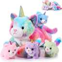 5 Pieces Caticorn Plush Toy Set 16 Inch Mommy Cat Unicorn Stuffed Animal with 4 Cute Plush Baby Kittens Pastel Rainbow Caticorn Toy Set for Boys Girls Birthday Gift Kpop Party Favors