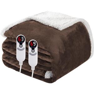 Electric Heated Blanket Queen Size 84"x90", Soft Flannel with Dual Controllers & Overheat Protection, 9 Adjustable Heat Settings & 10-Hour Auto-Off Timer, Fast Heating, for Bedroom & Bed, Dark Brown
