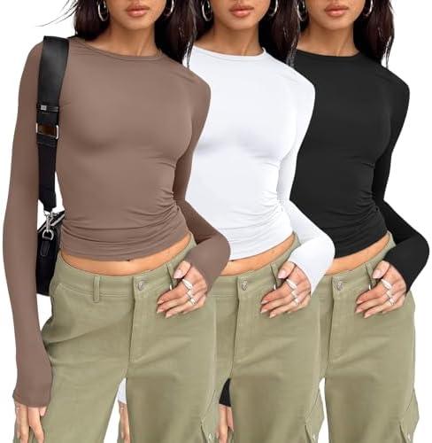 AUTOMET 3-Pack Women's Long Sleeve Crop Tops - Basic Fitted T-Shirts Set, Small