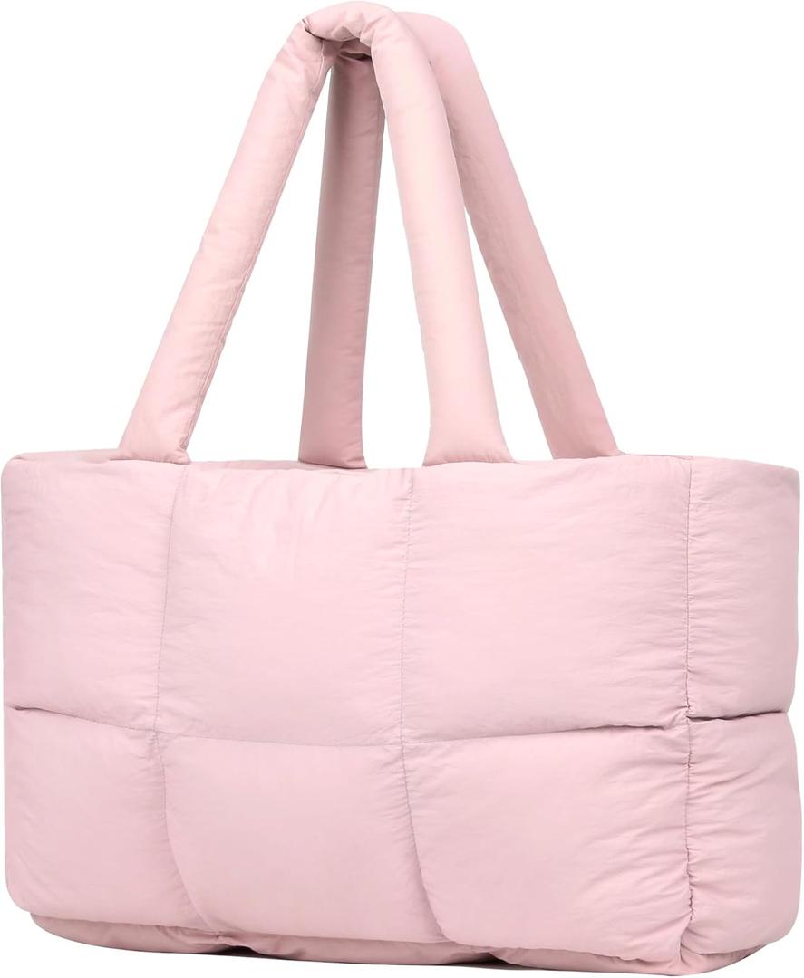 Quilted Puffer Tote Bag for Women Soft Puffy Handbags Purse Soft Lightweight Shoulder Bag (Pink)
