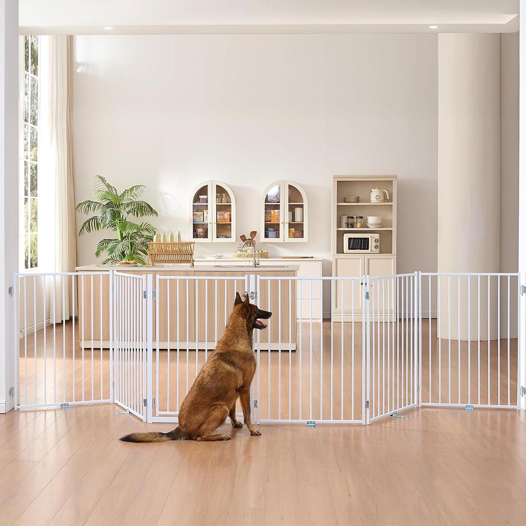No Pawblems Free Standing Dog Gate with Door, 36'' Tall Foldable Dog Fence for Indoor & Outdoor, Up to 156 Inch Extra Wide Christmas Tree Fence, Hallways, Doorways, Deck, Yard (White, 6 Panels)