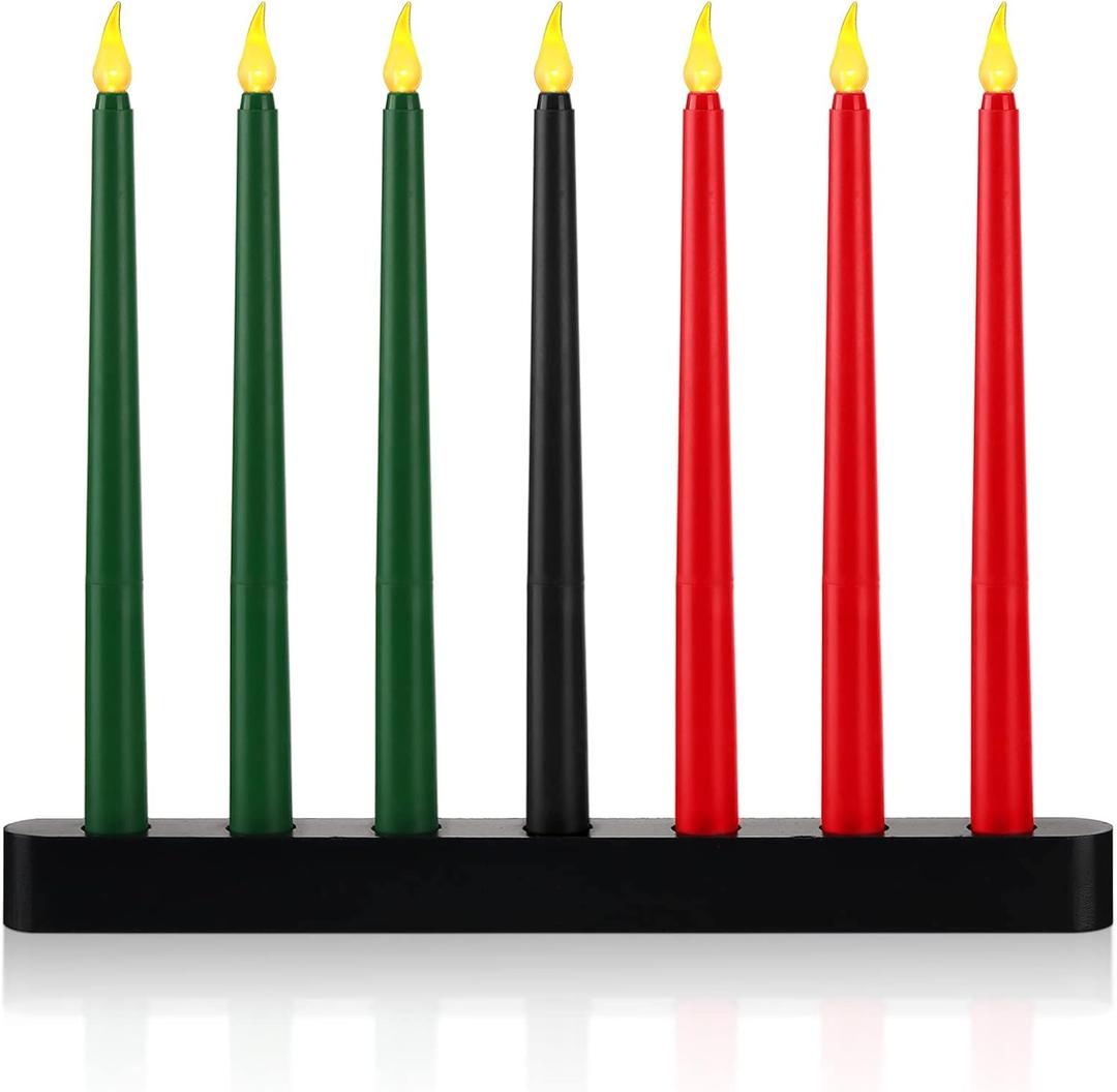 8 Pieces Kwanzaa Kinara Set 7 Kwanzaa LED Candles and 1 Candle Holder Flameless Battery Powered Electric Taper Candle with Wood Stand(Classic Style)