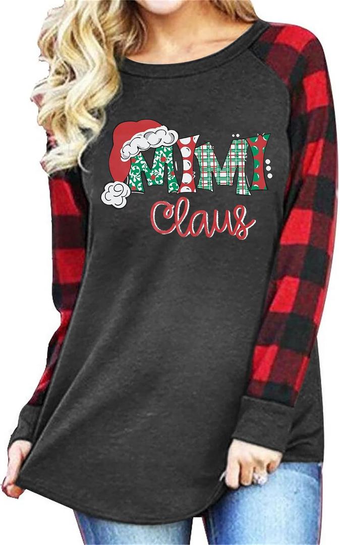 Mimi Claus Christmas Shirt Women Cute Santa Graphic T-Shirt Long Sleeve Raglan Baseball Tee Top (Small, Grey Red)