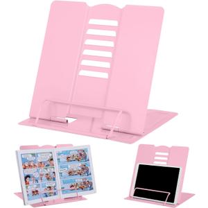 MSDADA Desk Book Stand Metal Reading Rest Book Holder Adjustable Cookbook Documents Holder Portable Sturdy Bookstands for Recipes Textbooks Tablet Music Books with Page Clips (Light Pink)