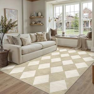 PureCozy Machine Washable Beige 5x7 Area Rugs for Living Room Modern Soft Large Checkered Rug Non-Slip Low Pile Accent Indoor Office Carpet for Bedroom Dining Room Nursery Classroom