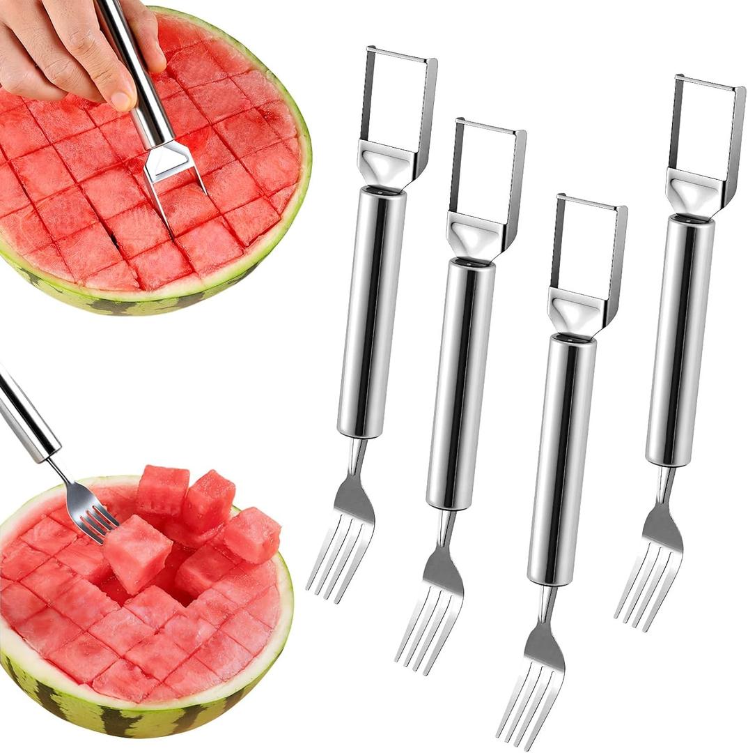 [4 Packs] 2-in-1 Stainless Steel Fruit Cutter and Fork, Dual Head Watermelon Fork Slicer Cutter Tool, Multifunctional Fruit Cutting Tool Kitchen Gadgets for Family Parties Camping