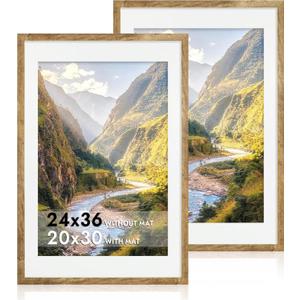 iRahmen 24x36 Poster Frame Set of 2 with Plexiglass, Wooden Rustic Brown Frames Display 20x30 Picture with Mat or 24 x 36 Without Mat, Wall Gallery Mounting Horizontal and Vertical