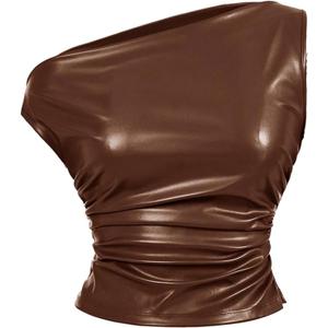Milumia Women's Ruched Crop Top Asymmetrical Neck Faux Leather One Shoulder Tank Tops (Large)