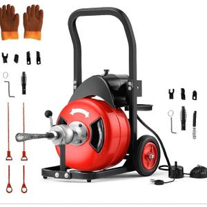 50Ft Drain Cleaning Machine, 450w Portable Drain Auger with Wheels, 1/2" Auto-Feed Drain Snake with 4 Cutters, Electric Sewer Auger for Sink, Toilet, Floor Drain