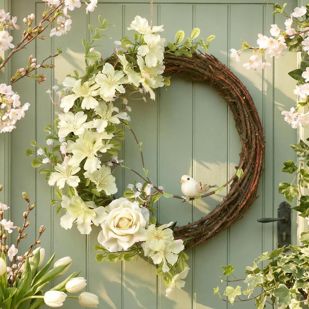 Boao Rustic Spring Wreaths for Front Door with Yellow Fake Bird White Rose Cherry Blossoms Grapevine Artificial Flower Wreath Farmhouse Outdoor Floral Wreaths Outdoor Indoor Home Decorations, 10 Inch