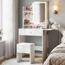 Haewon Small Vanity Desk with Mirror and Lights, Makeup Vanity with Charging Station, Compact Dressing Table Set with Storage Chair, Drawer and Shelves for Bedroom, White