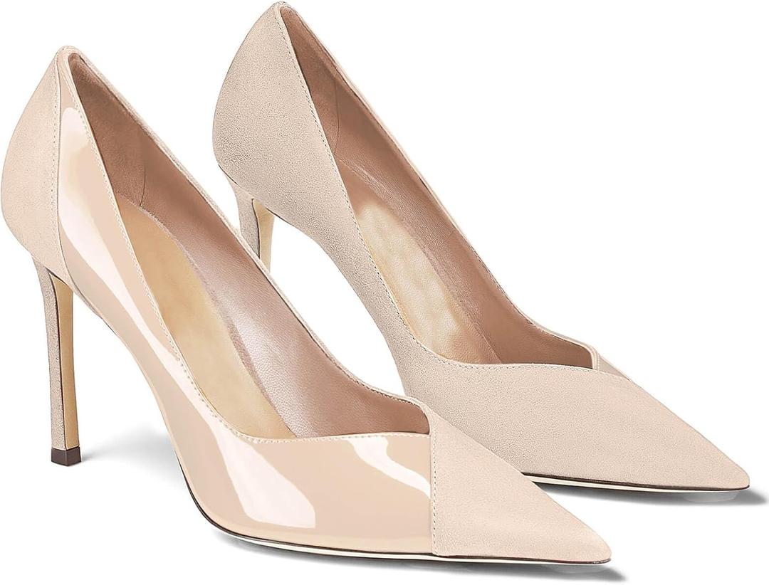 Coutgo Womens Pointed Toe High Heels Pumps Patent Suede Stiletto Heel Slip on Office Party Wedding Dress Shoes (8.5, Nude)