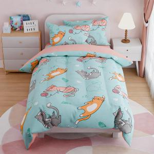 SANDJEST Cat Comforter Set Full for Girls, Ultra Soft Microfiber Bedding Sets with 4-Pieces, Cats Comforters Bed Sets for Kids Children Girl Bedroom Decor