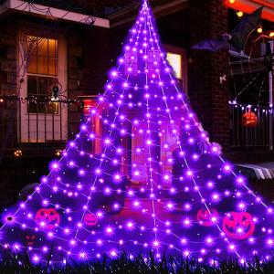 Halloween Decorations Spider Web Lights, 404 LED 16Ft*14Ft Purple Giant Led Spider Web Light with 8 Modes Purple Spider Web Lights for Patio, Garden, Haunted House Dcor