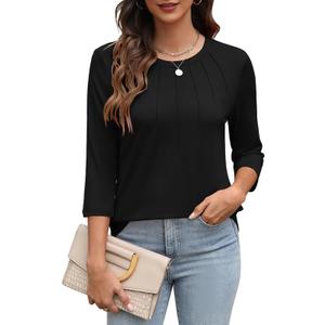 Womens Tops 3/4 Length Sleeve Round Neck Casual Loose Fit Tunic Tops Basic Pleated Shirts 2025 (Black, XL)