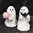 Halloween Ghost Figurines with Holding Bat, Cute Funny Resin Ghost Statue Romantic Shelf & Desk Decor, Mini Spooky Ghosts Pink Halloween Decors for Desk Office Table Centerpieces Ornament (B)