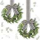 Thiccywoov 2 Pack 9'' Lighted Mini Wreath for Cabinet Small Candleholder Greenery Eucalyptus Wreath with Ribbon for Chandelier Kitchen Porch Wall Window Home Indoor Outdoor Summer Vintage Decor
