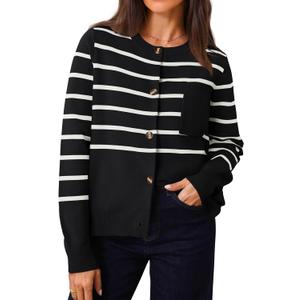 ZESICA Women's Striped Cardigan Sweaters Fall 2025 Long Sleeve Open Front Button Down Knit Outerwear Coat Trendy Clothes (M)