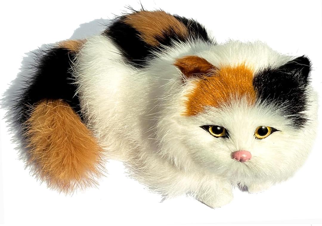 Realistic Baby Calico Cat Figurine - Lifelike Furry Kitten Statue, Plush Kitty Stuffed Animal Toy, Home Office Car Decor, Collectible Gift, Photo Prop