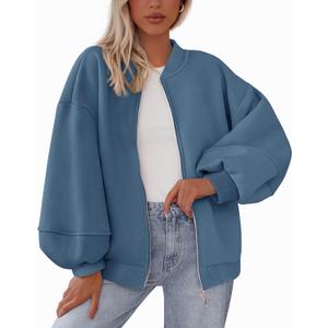 KIRUNDO Oversized Sweatshirt for Women Zip Up Bomber Jacket 2026 Fall Fashion Casual Long Sleeve Outerwear Winter Outfits (Blue, XL)