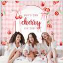 MEHOFOND 7x5ft She's The Cherry on Top Baby Shower Backdrop for Girl Cherry Theme Coquette Bridal Shower Decorations Bow Party Decor Cherry Bride to Be Engagement Party Decor Birthday Photobooth Props