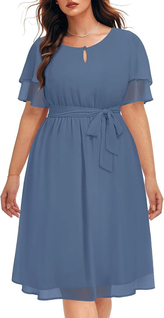 Pinup Fashion Plus Size Dresses for Wedding Guest - Semi Formal Cocktail Chiffon Keyhole Neck Knee Length Dress 20 W
