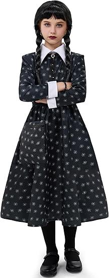 Spooktacular Creations Girls Halloween Black Costume, Black Floral Print Dress with Wig and Stocks for Girls Kids Halloween Dress Up and Role-Playing(Large(10-12 yrs)) 3 pcs