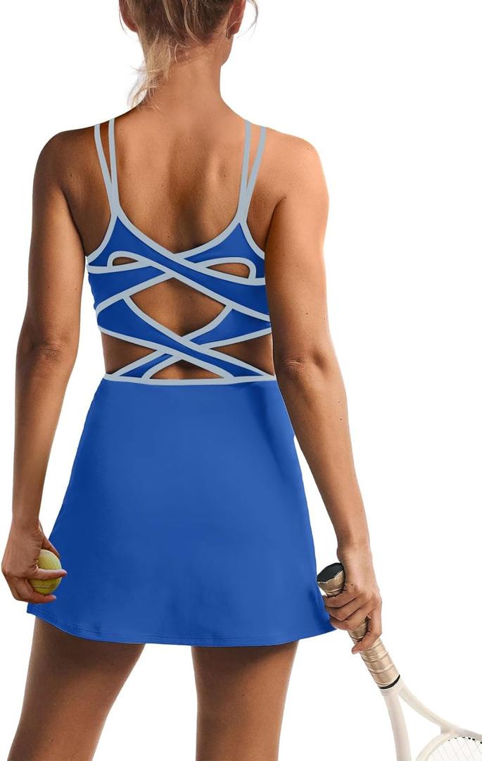 ReachMe Womens Tennis Dress Athletic Dresses with Built in Shorts and Bra Summer Workout Romper Trendy Golf Outfits (Blue, M)