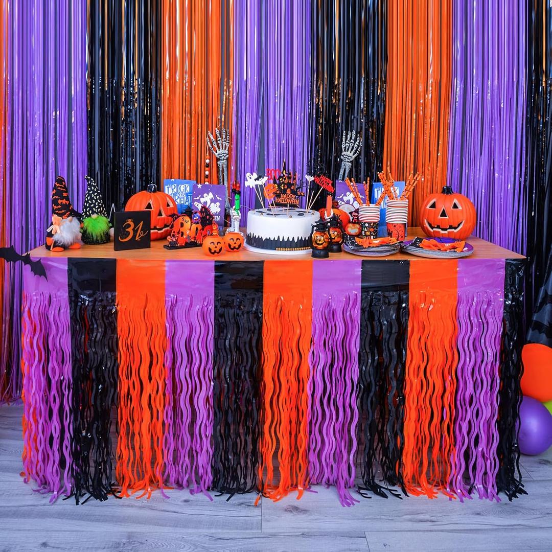 LOLStar Halloween Party Decorations 4 Pack Orange Purple and Black Wavy Metallic Tinsel Foil Fringe Table Skirts for Rectangle and Round Table, Perfect Table Decorations for Halloween Party