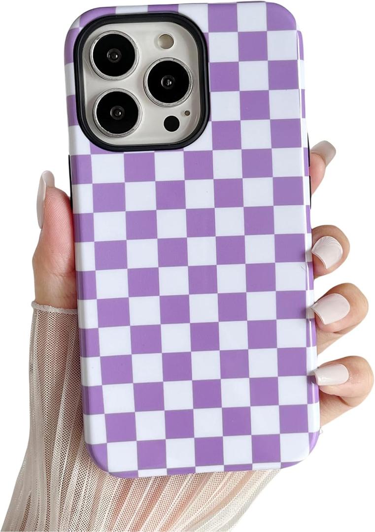 Compatible with iPhone 14 Pro Max Case Cute Aesthetic Checkerboard Checkered Phone Case for Women Girl Shockproof Slim TPU and Hard PC Protective Cover (Purple)