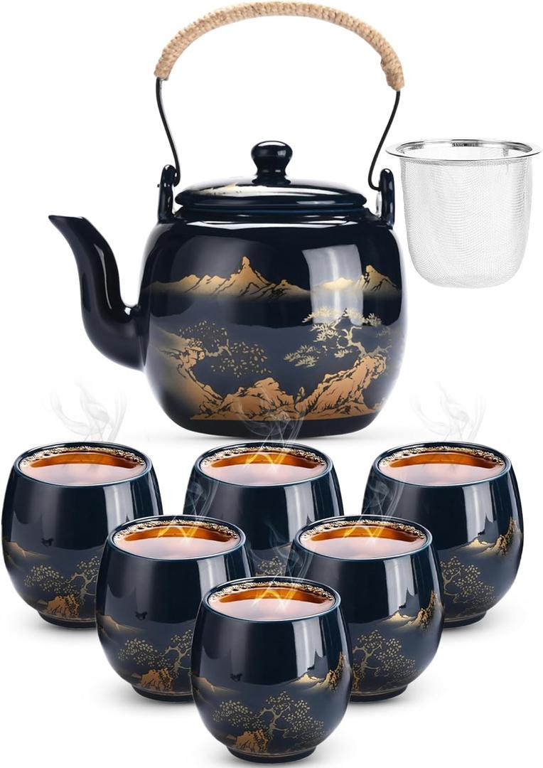 Kitchtic Japanese Tea Pot Sets for Adults - Traditional Japanese Tea Pots - Decorative Tea Pot and Cups Set for Tea Lovers, Weddings, or Housewarming - Set of 7 - Blue