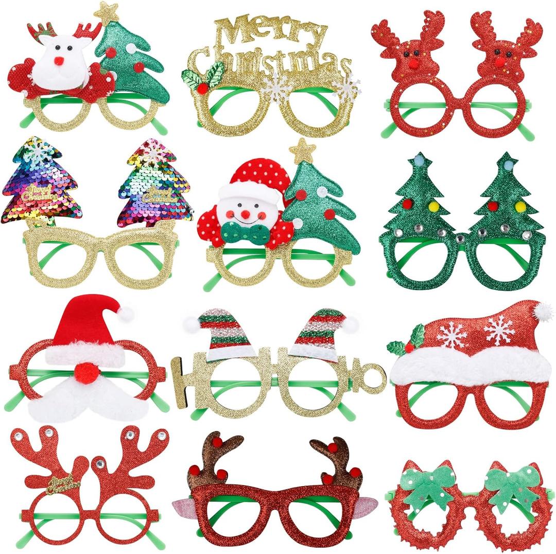 NAFY 12Pcs Christmas Glasses Funny Glitter Party Eyeglasses Frames Cute Xmas Prop Glasses Creative Christmas Decoration Costume Glasses Eyewear for Christmas Party Favor Set (Fit for Most Face Shapes)