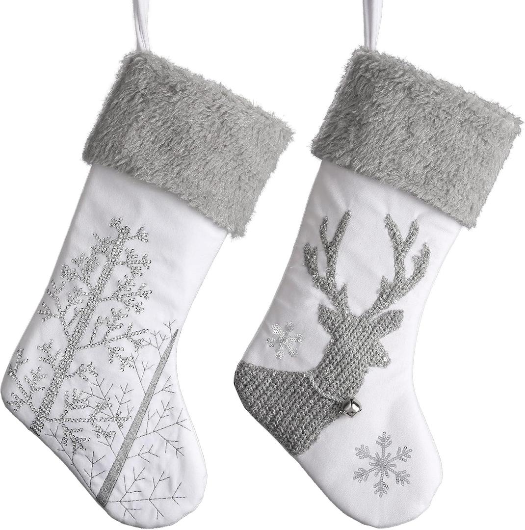Valery Madelyn Christmas Stockings Decorations, 18 Inch Fabric 2 Pack Silver White Elk Embroidery Plush Personalized Fireplace Hanging Ornament for Holiday Xmas Party Decor