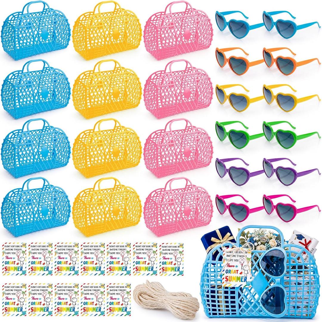 Hushee 12 Set End of The Year Gifts Bulk for Beach Party Favors, Reusable Jelly Basket Heart Neon Sunglasses Card Twine for Gifts from Teacher Graduation Party Prizes Summer Themed Birthday Supplies