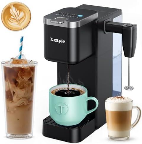 Tastyle Single Serve Coffee Maker with Built-in Detachable Milk Frother, Iced and Hot Coffee Machine for K Cup & Grounds, 40oz Removable Water Reservoir, 6 Cup Sizes, Fits 7.3" Travel Mug, Black