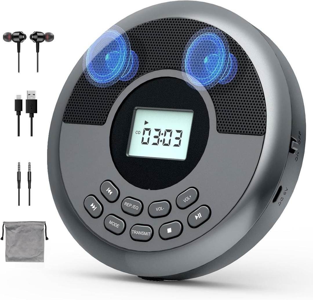 Portable CD Player with Speakers and Headphones:Rechargeable CD Walkman Anti-Skip Protection-CD/MP3/USB/BT Play-Bluetooth Transmit/AUX Car Connection-Personal/Seniors/Travel/Music/Audiobook (GY)