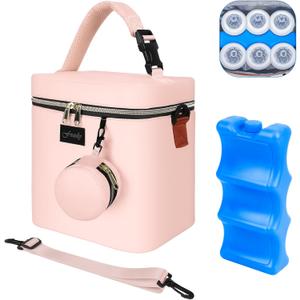 Breastmilk Cooler Bag with Ice Pack, Insulated Baby Bottle Tote Bag for 6 Bottles Up to 9 oz, Clip-On Pouch for Baby Essentials, Leakproof, Waterproof, Shoulder Strap for Nursing Moms (Pink)