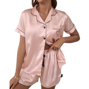 Womens Silk Satin Pajamas Set Short Sleeve Sleepwear Button Down Loungewear 2 Piece Pjs Shorts Set (Pink, L)