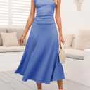 Dokotoo Women's 2 Piece Summer Outfits Casual Crewneck Short Sleeve Ruched Knit Tops Elastic Waist A-Line Midi Skirt Set (Blue, S)