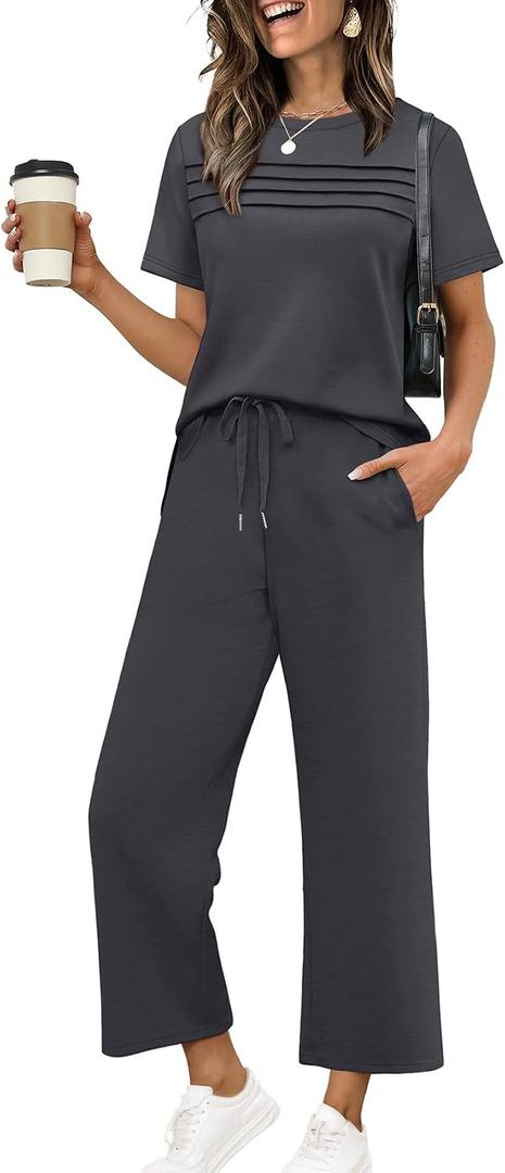 WIHOLL Two Piece Sets for Women Summer Spring Travel Vacation Outfits Short Sleeve Lounge Sets Side Slit Wide Leg Pants 2XL