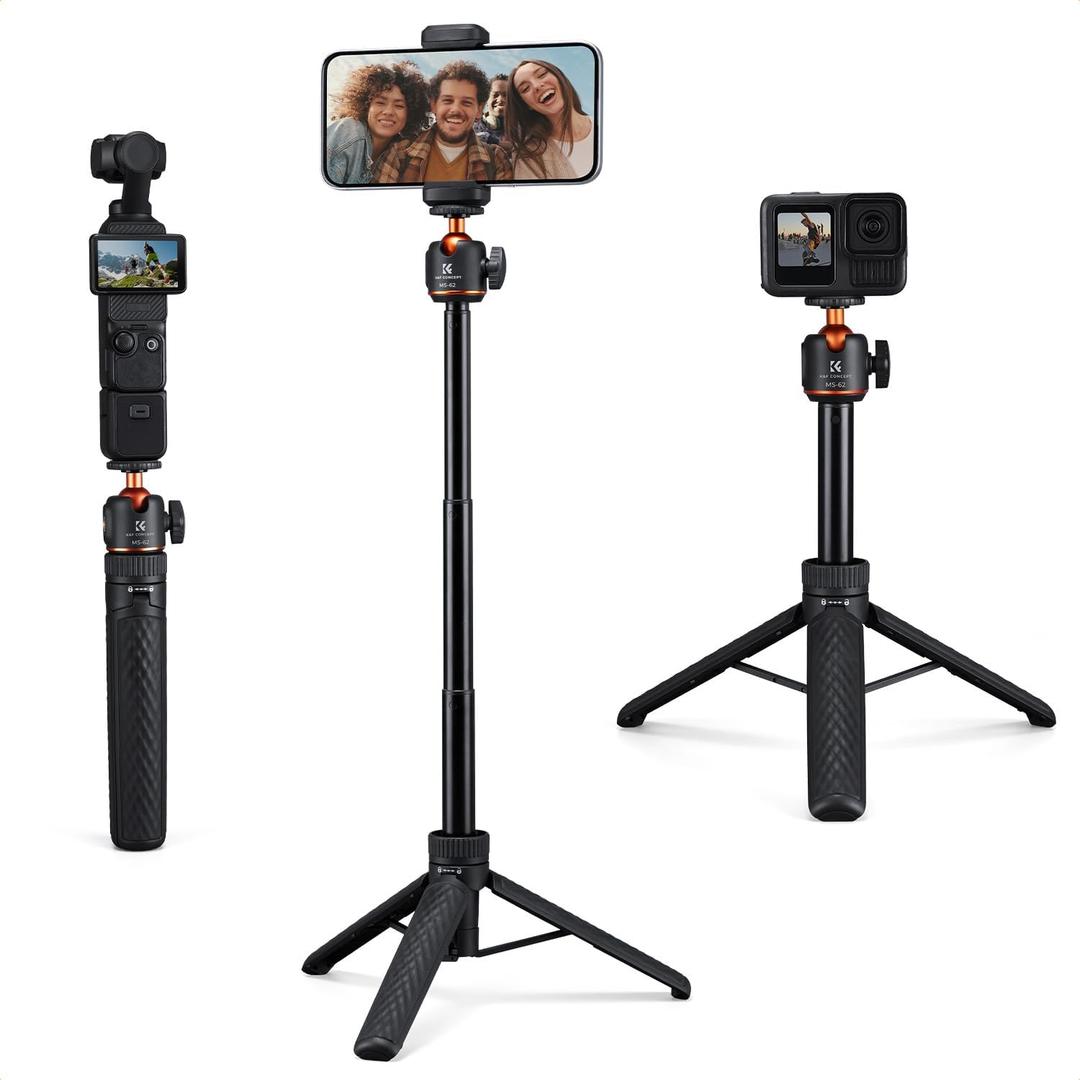 K&F CONCEPT 25.6'' Mini Selfie Stick Tripod Stand, 5 Levels 360 Ball Head Pocket Tripod with Cold Shoe, Small Tripod Compatible with DJI Osmo Pocket 4/3 Action 5 Pro GoPro Hero13 Smartphone.