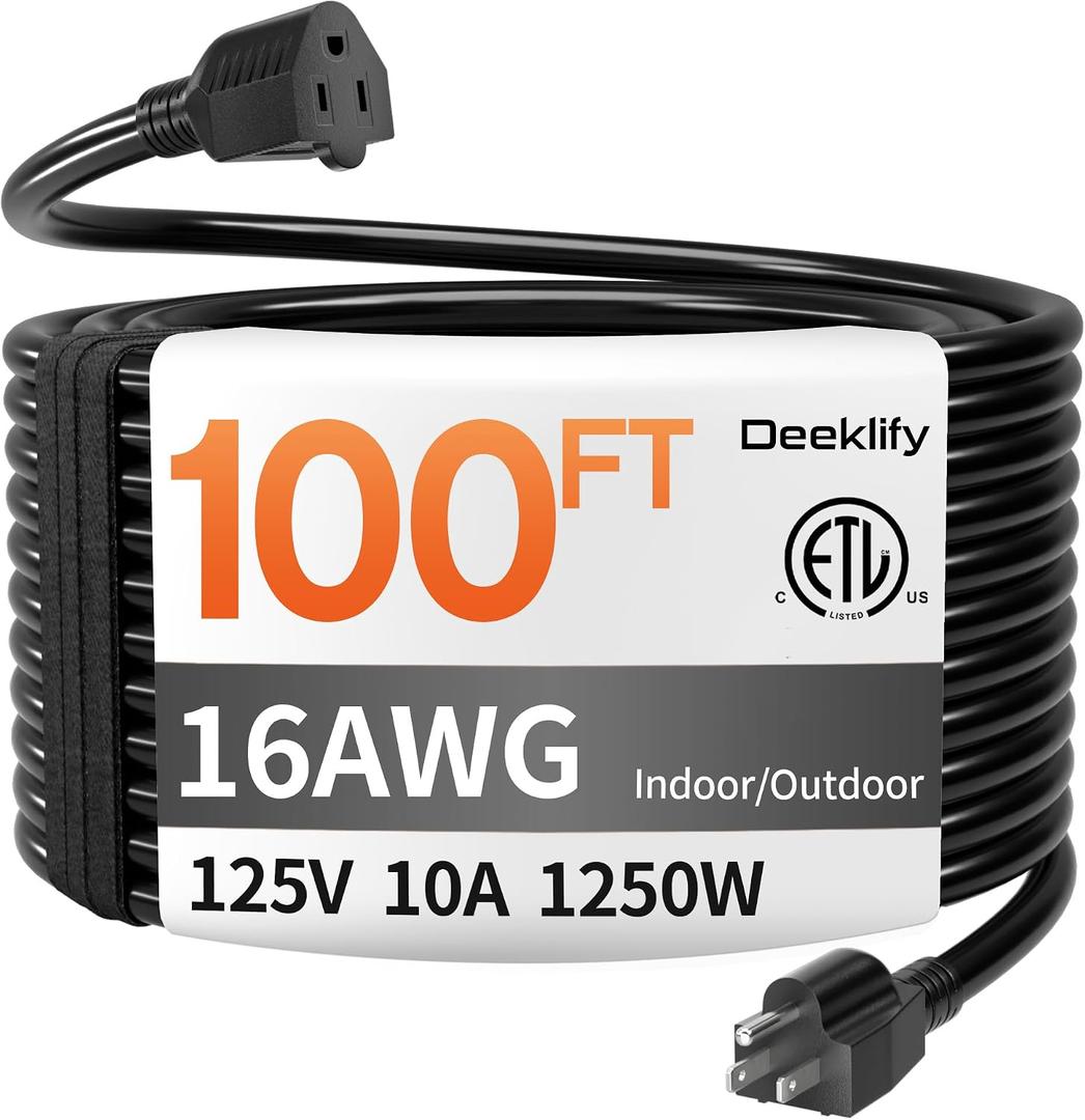 16/3 100 FT Black Outdoor Extension Cord Waterproof, Black 16 Gauge Extension Cord Flexible and Cold Resistant 3 Prong Grounded Plug,10Amp 1250W SJTW ETL Listed