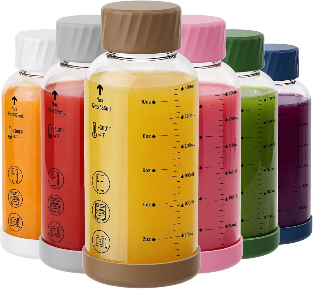 Sursip Glass Juice Bottles 6 Pack 12 oz Borosilicate Glass Bottles with Lids Heat-Resistant, Leakproof, BPA Free, Reusable for Juicing, Smoothies, Milk, Protein Drinks, Water