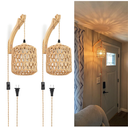 Frideko Plug in Wall Sconces Set of Two Hand Woven Lamp with Cord Rattan Lights Farmhouse Sconce Mounted Light Boho Lighting for Bedroom Living Room