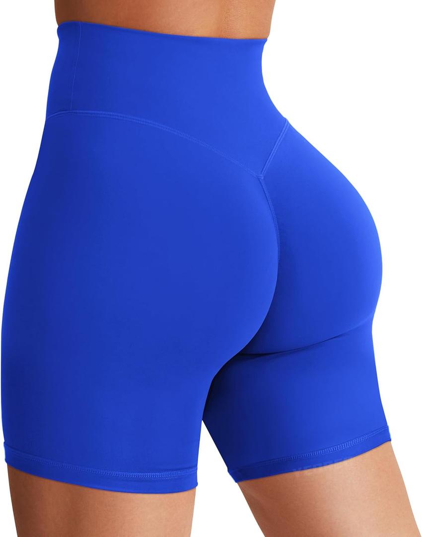 YEOREO Women's Biker Shorts Workout Gym Shorts Craze High Waist Tummy Control Hidden Scrunch Running Yoga 6" Inseam, Large, Blue