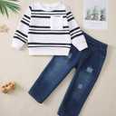 XUANHAO 4T 5T Boy Clothes Winter Kids Outfits for Boys Fall Clothing Long Sleeve Crew Neck Pullover Denim Pant Sets Stripe Sweatshirt Ripped Jeans Boys Clothes Size 4-5T