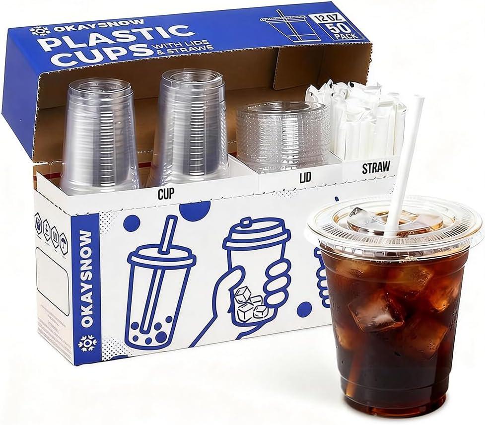 50 Pack 12 oz Disposable Plastic Cups with Lids and Straw, To Go Iced Coffee Cups with Lids - Coffee Bar Essentials, Food Safe&Heavy Duty Clear Plastic Cups for Cold Drinks